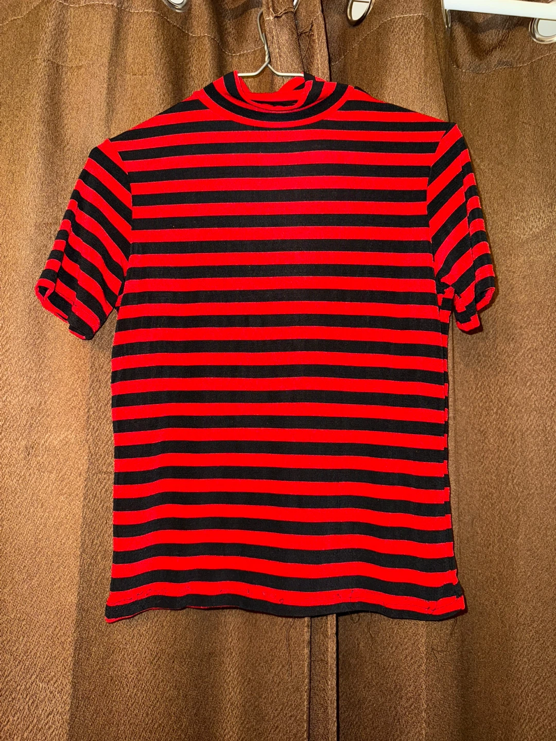 Red and Black Striped Mock Neck Top