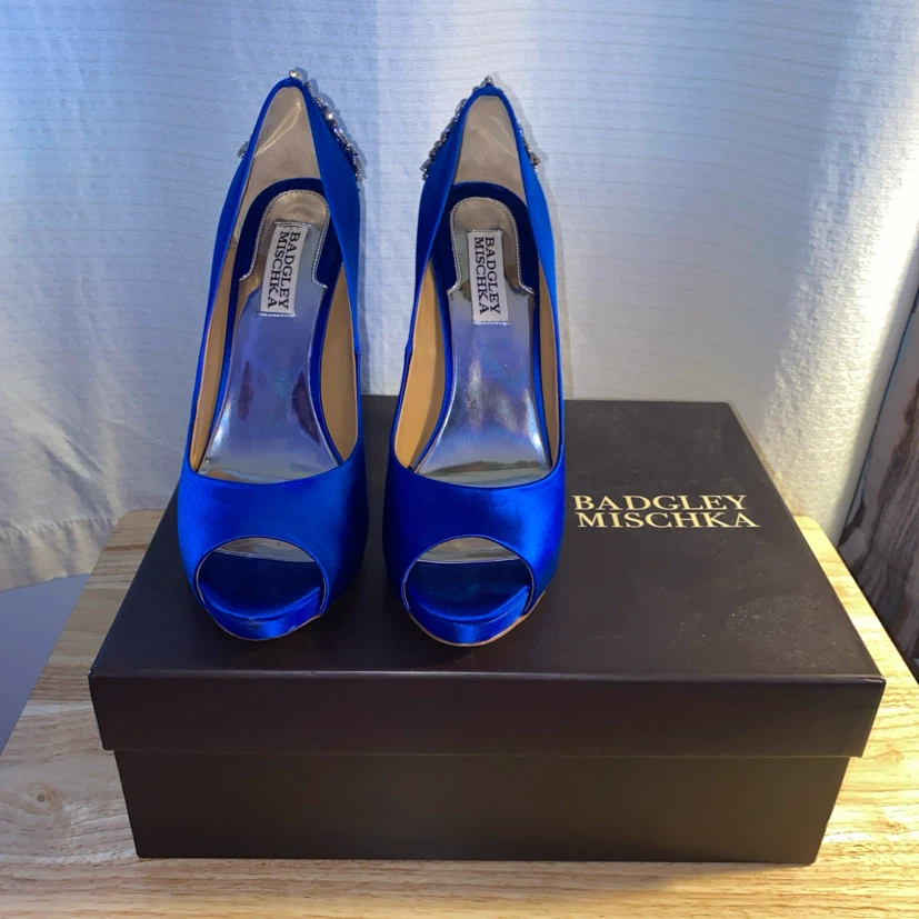 Badgley Mischka Blue Satin Crystal Heel Pumps