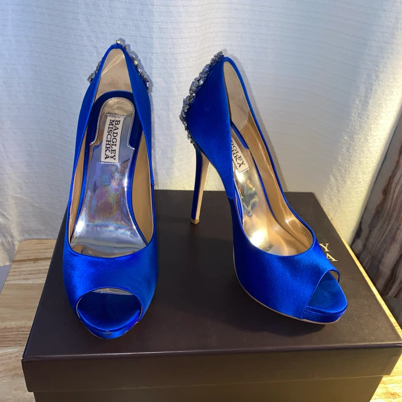 Badgley Mischka Blue Satin Crystal Heel Pumps - photo 2