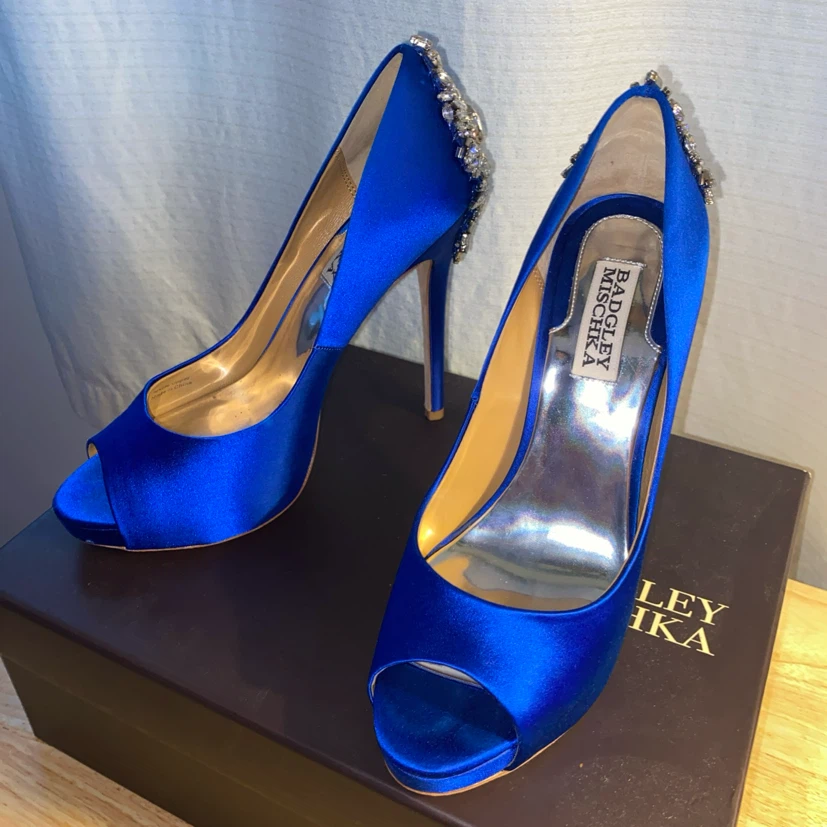 Badgley Mischka Blue Satin Crystal Heel Pumps - photo 3
