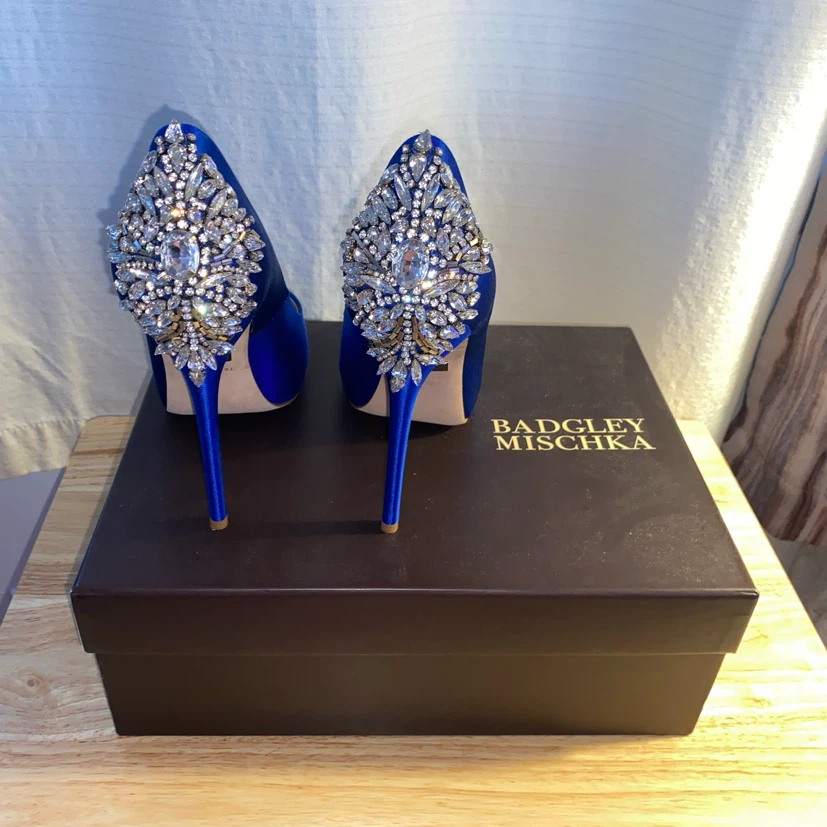 Badgley Mischka Blue Satin Crystal Heel Pumps - photo 5