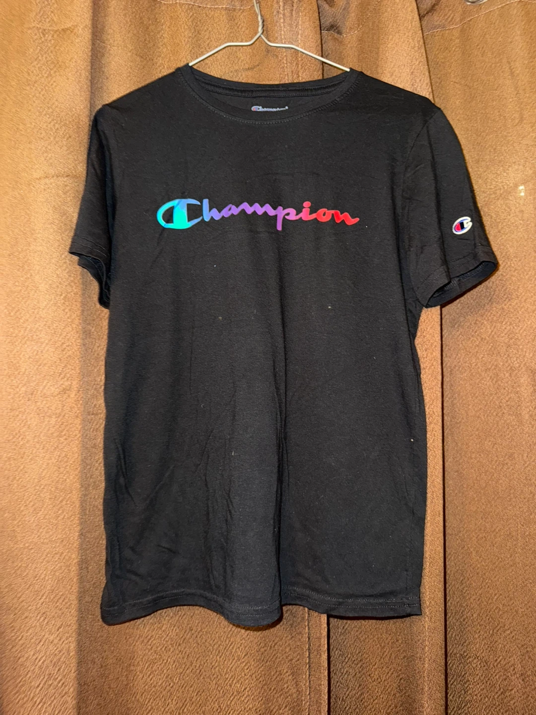 Champion Black T-Shirt with Rainbow Logo