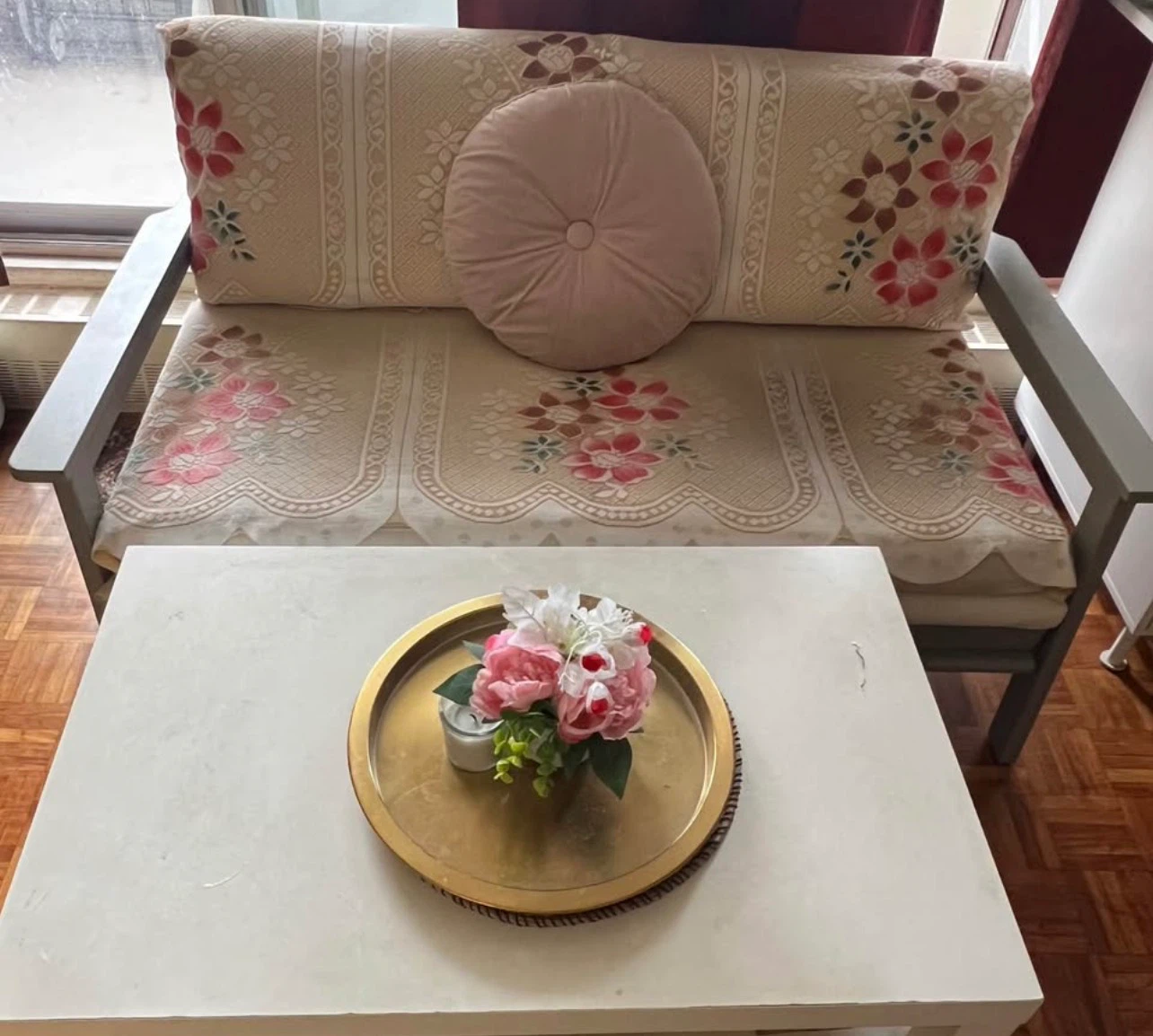 Wooden loveseat with grey frame