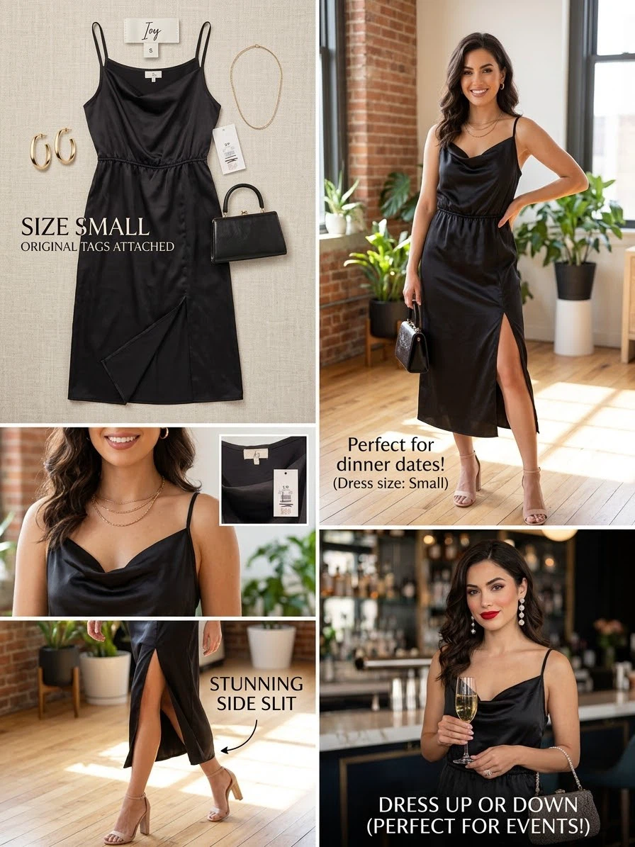 New Joy Black Satin Cowl Neck Midi Dress size small