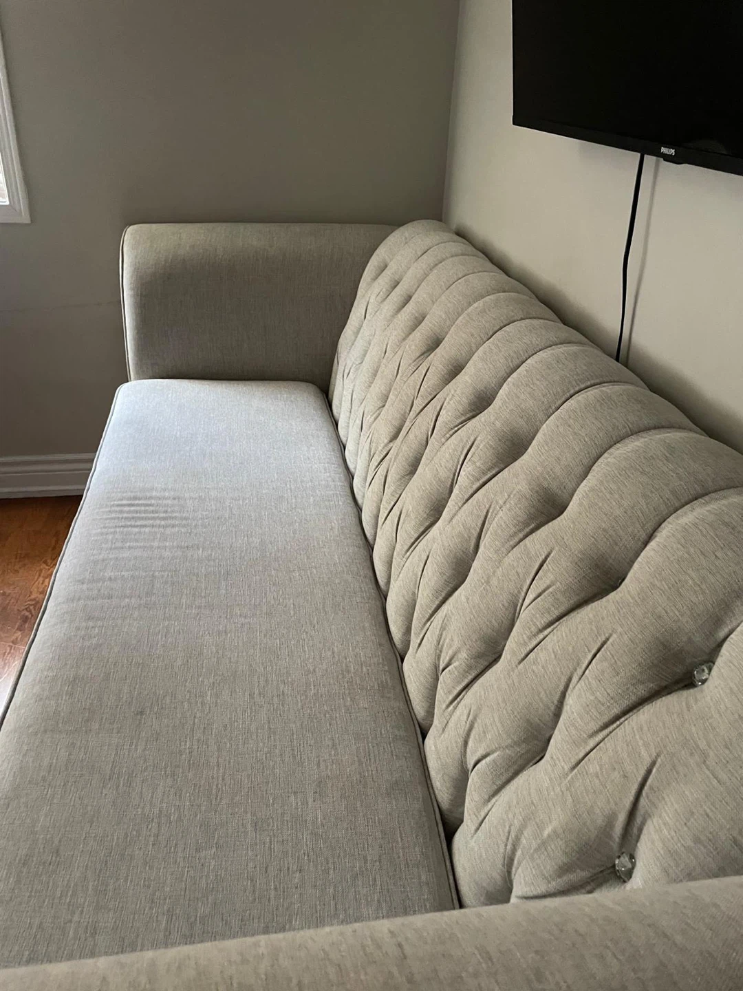 Tufted Grey Sofa with Crystal Buttons