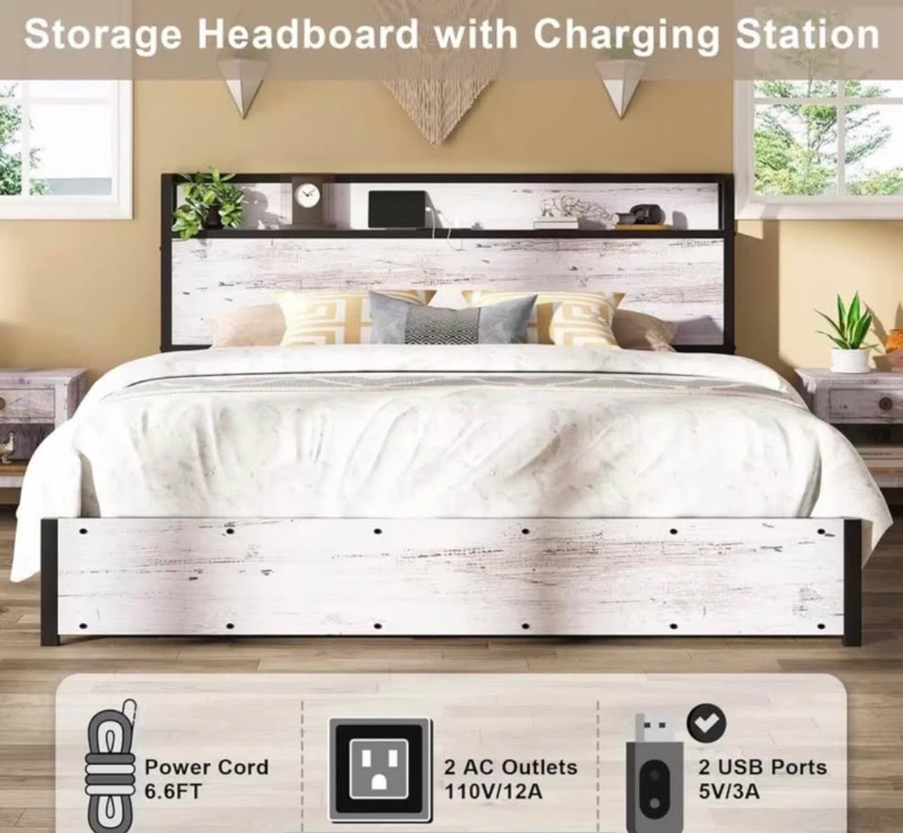 King Size Storage Bed Frame with Charging Station