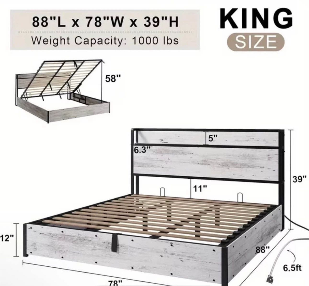 King Size Storage Bed Frame with Charging Station - photo 2