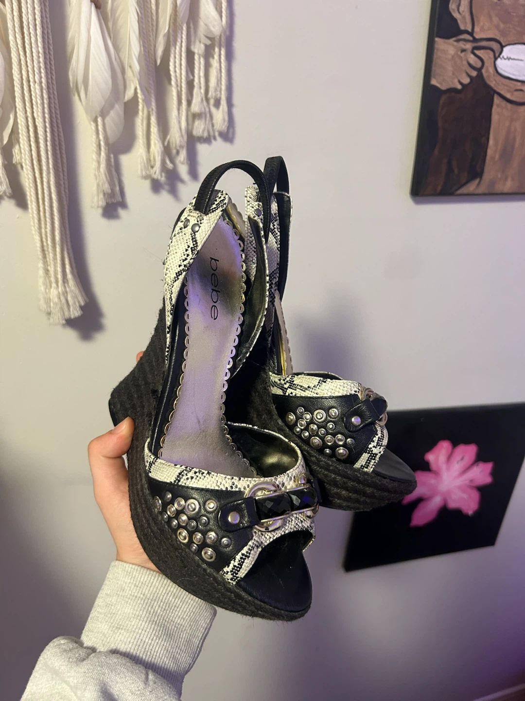 Bebe studded snake print wedges
