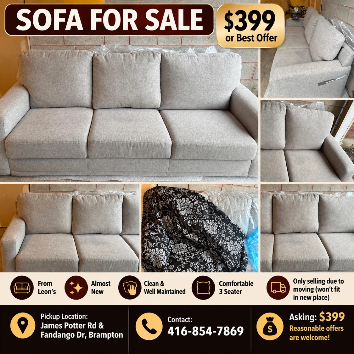 Leon's 3-Seater Grey Sofa