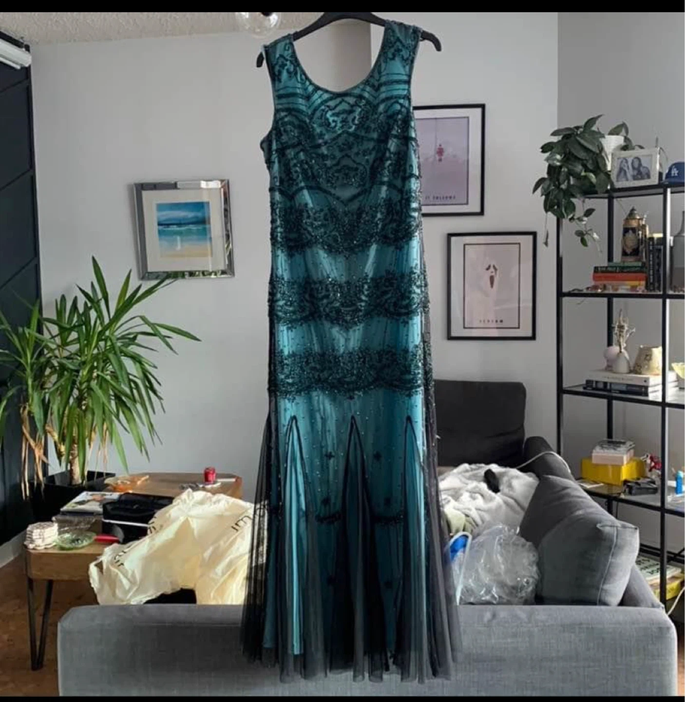 Teal Beaded Evening Gown