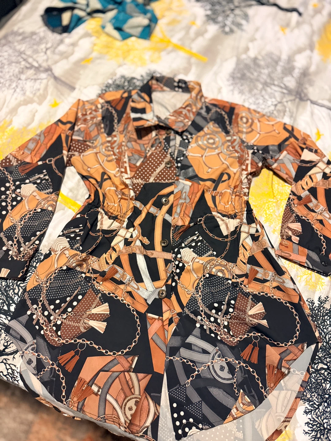 Vintage-style patterned button-up shirt, brand new