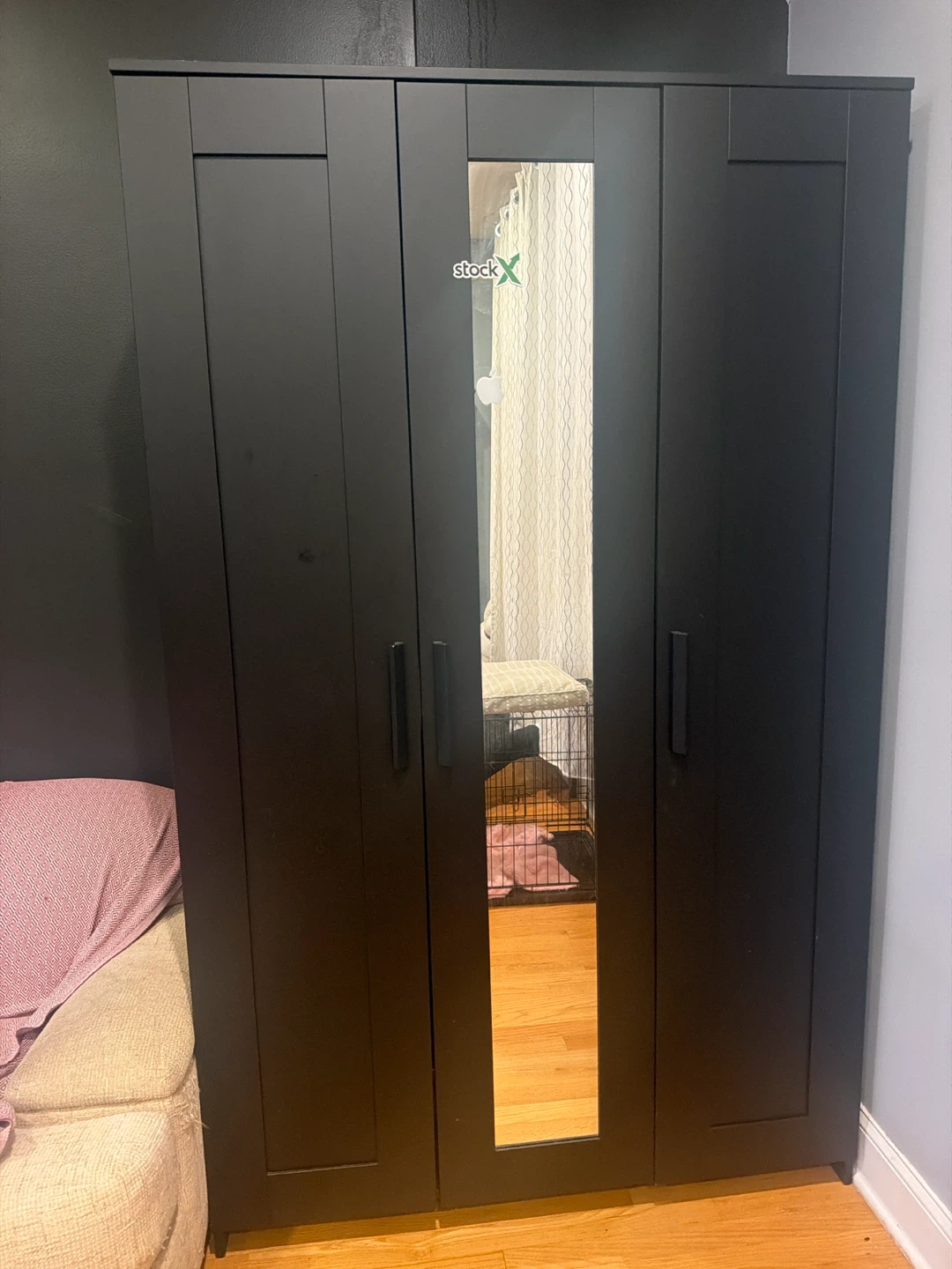 IKEA Black Three-Door Wardrobe with Mirror
