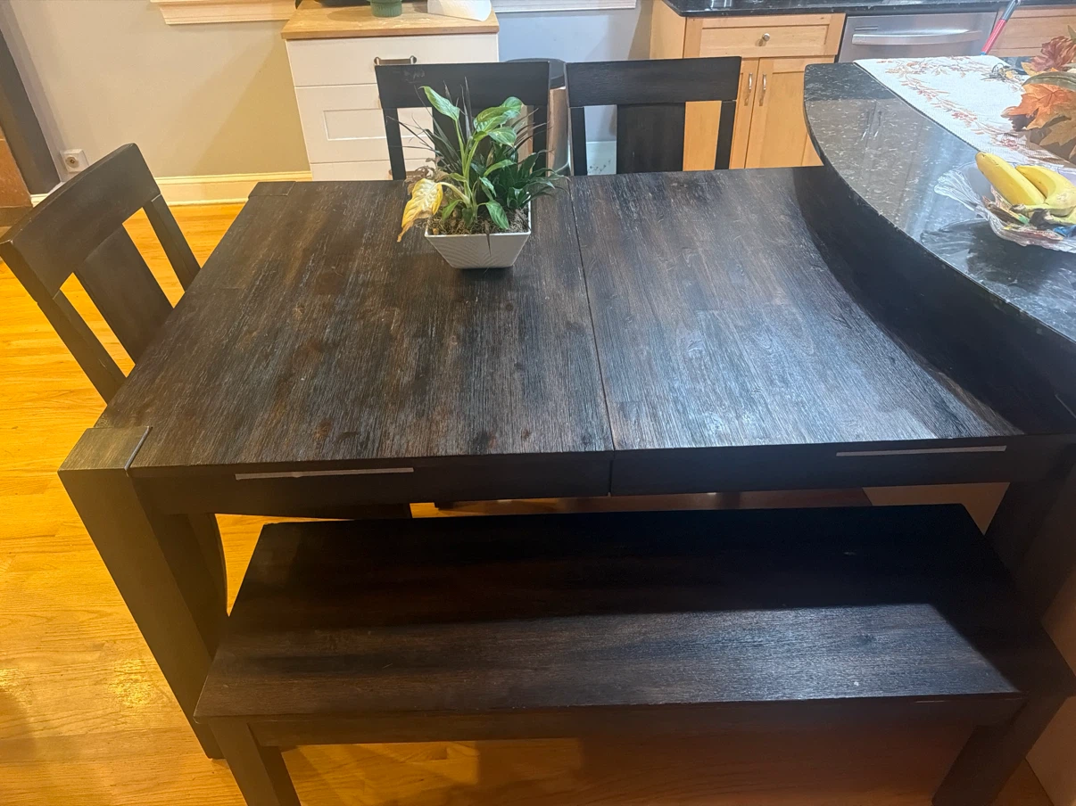 Dark Wood Dining Table Set with Chairs and Bench