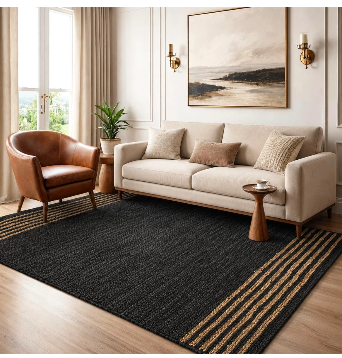 Black and Jute Striped Area Rug