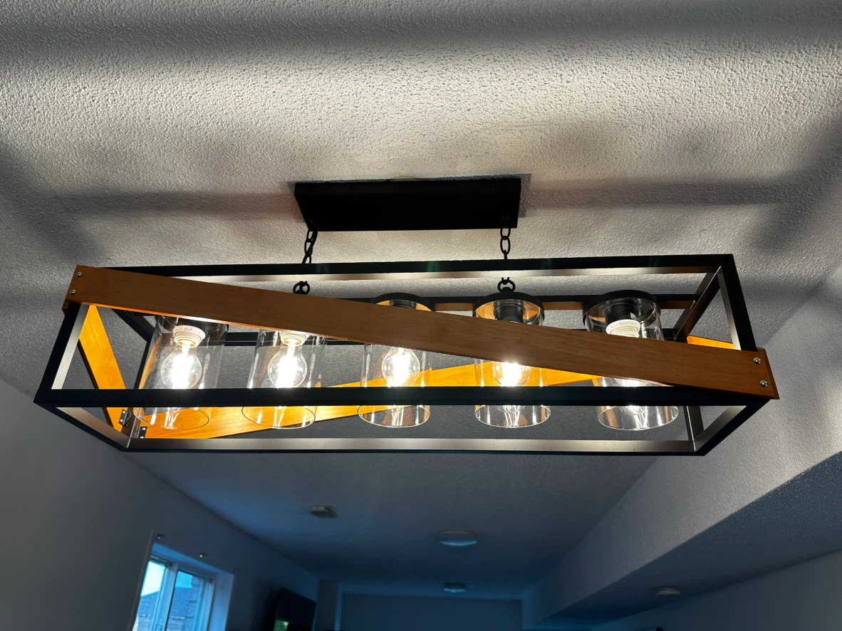 5-Light Industrial Wood & Black Pendant — Brand New In Box