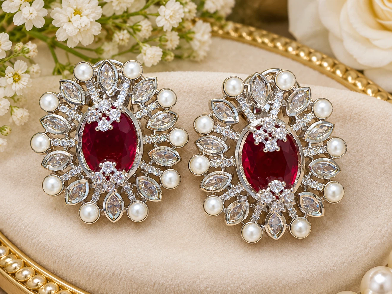 Red Oval Crystal and Pearl Earrings