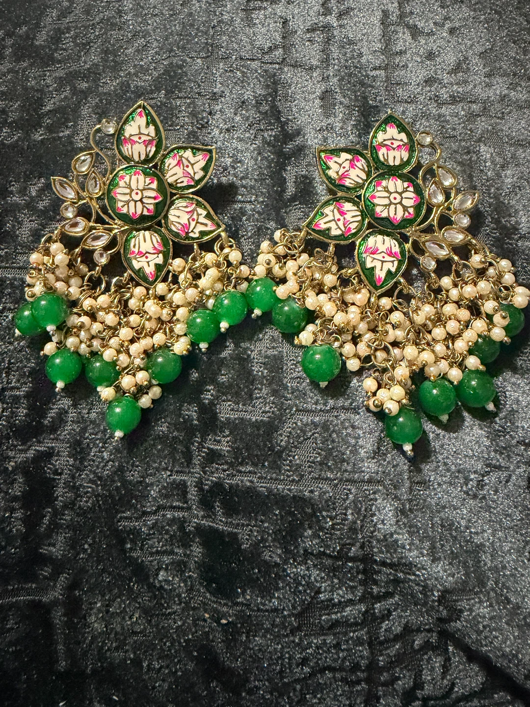 Floral Enamel Drop Earrings with Green and Pearl Beads