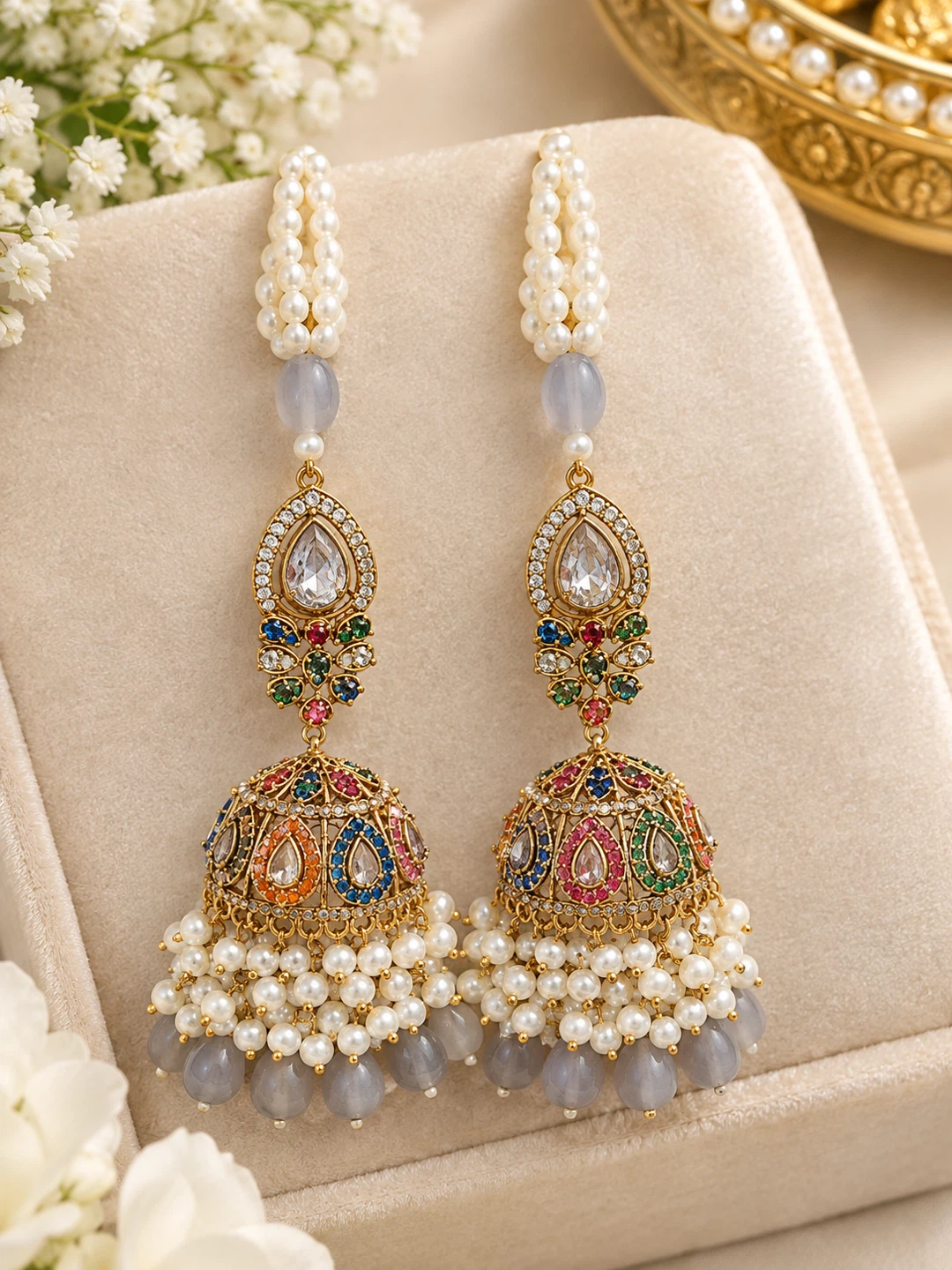 Traditional Pearl and Multi-Color Stone Jhumka Earrings