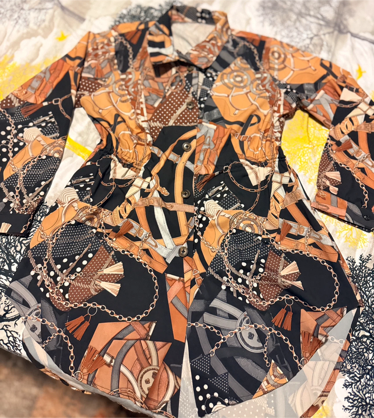 Long-Sleeve Button-Up Shirt with Chain and Belt Print