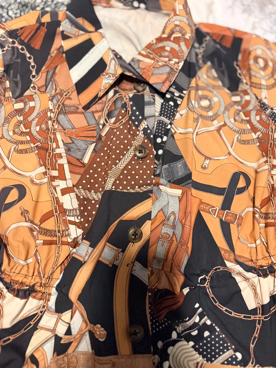 Long-Sleeve Button-Up Shirt with Chain and Belt Print - photo 2