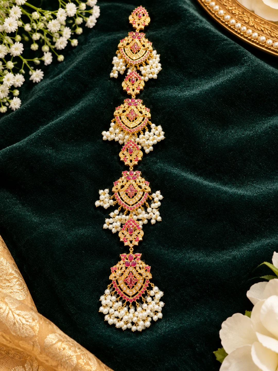 Gold-Tone Ruby and Pearl Maang Tikka