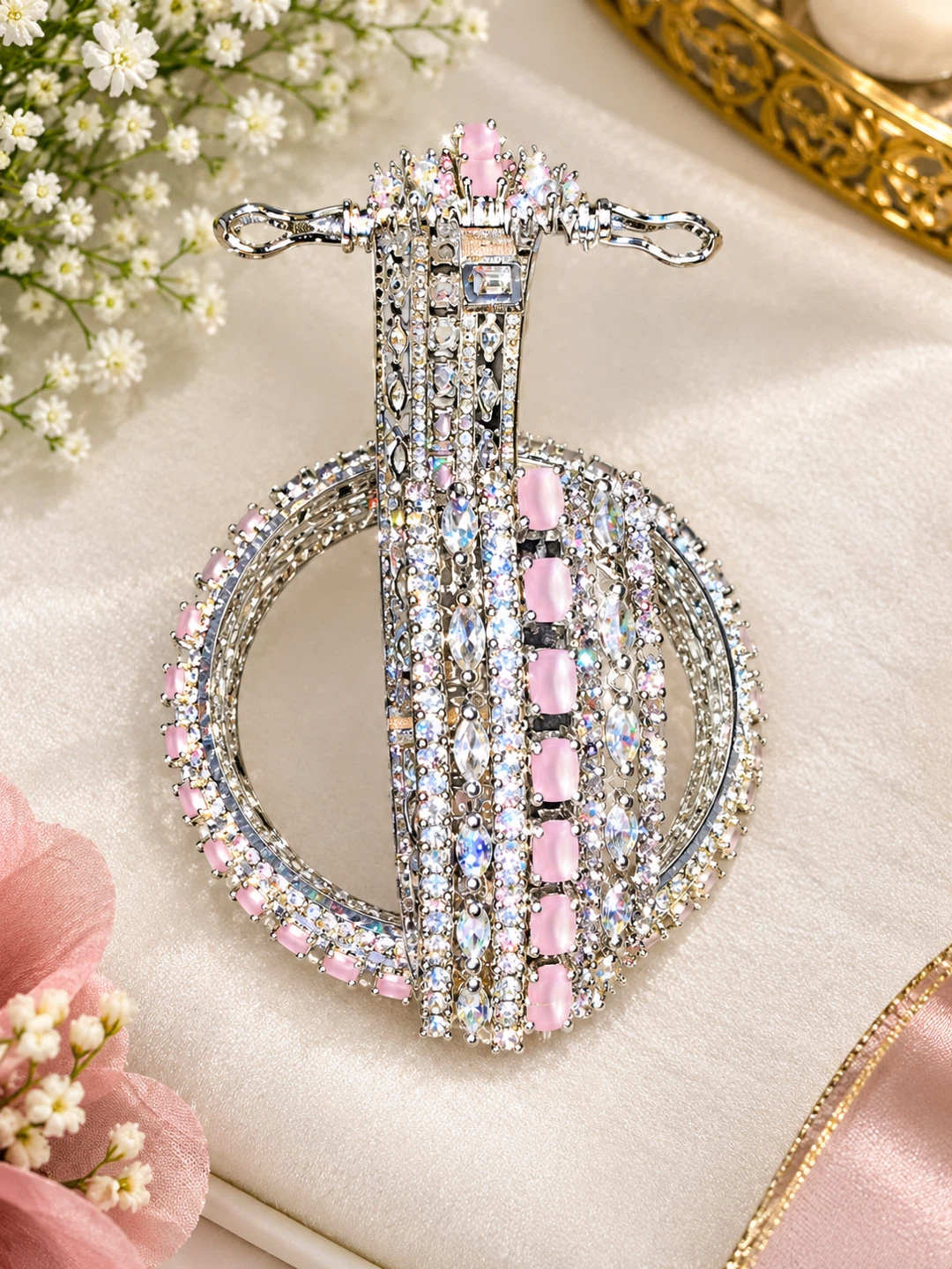 Pink and Silver Tone Rhinestone Bangle Set