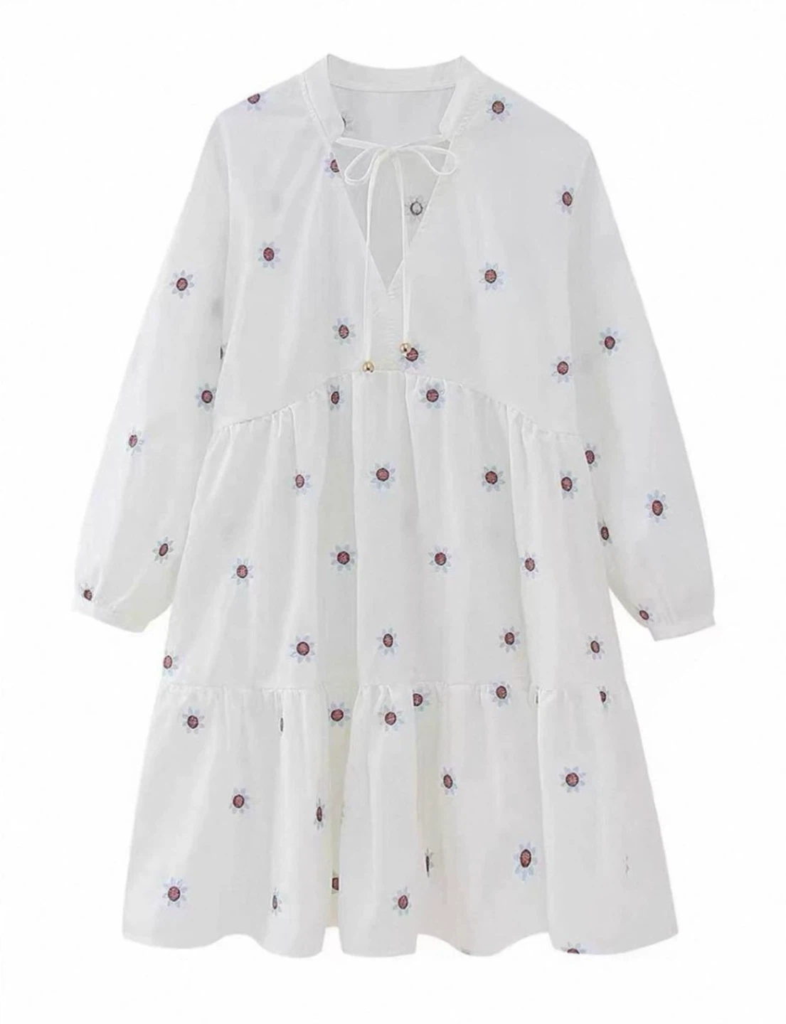 Light beige floral embroidered long-sleeve dress - photo 3
