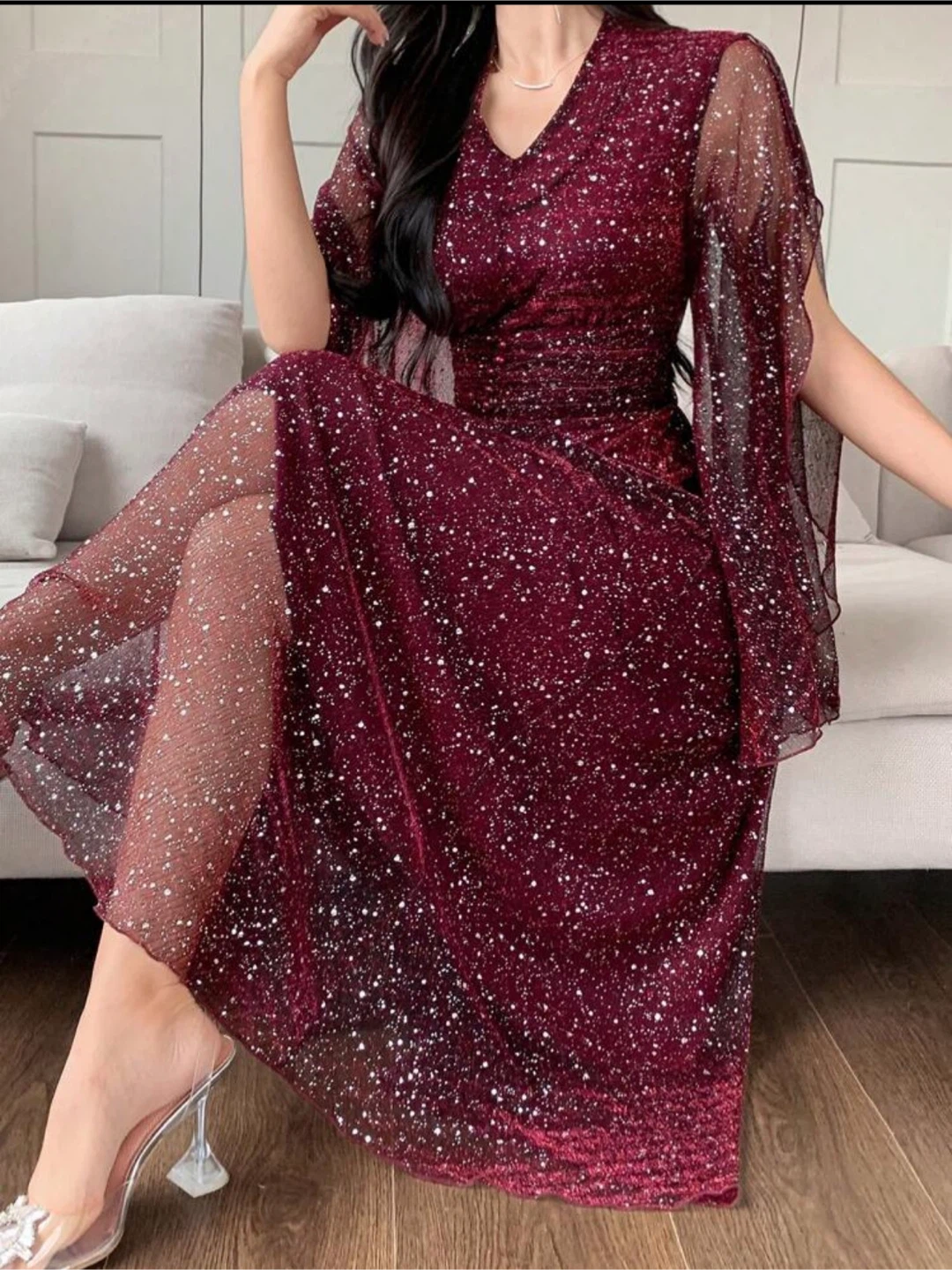 Shein Dazy Burgundy Glitter Midi Dress