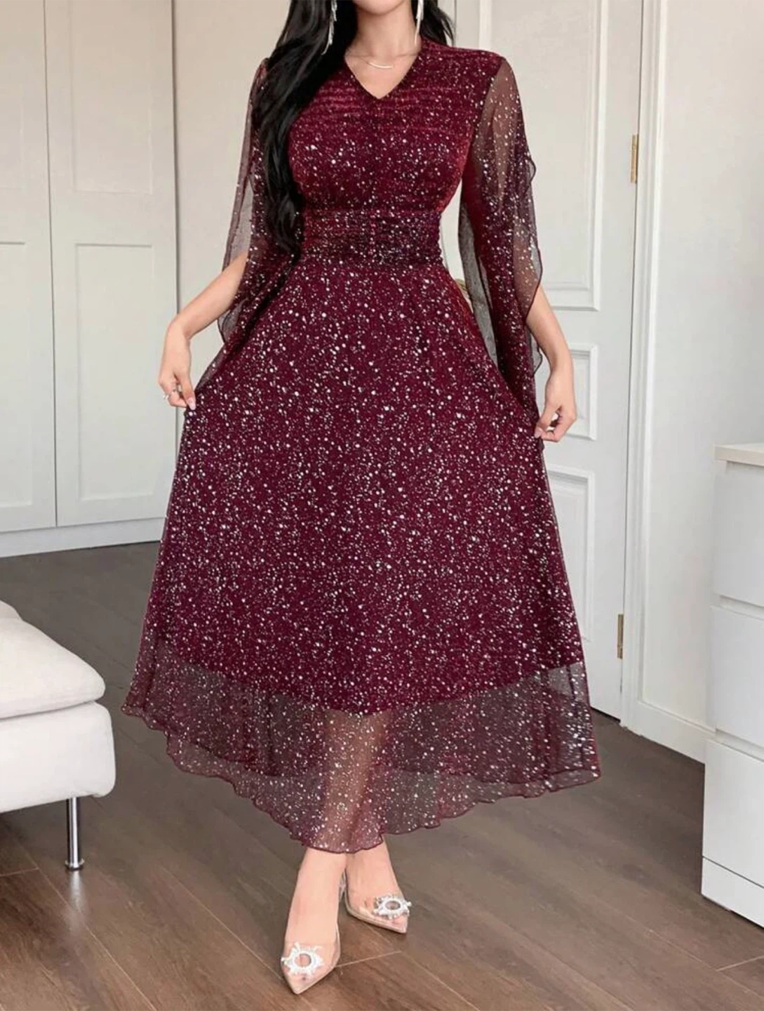 Shein Dazy Burgundy Glitter Midi Dress - photo 4