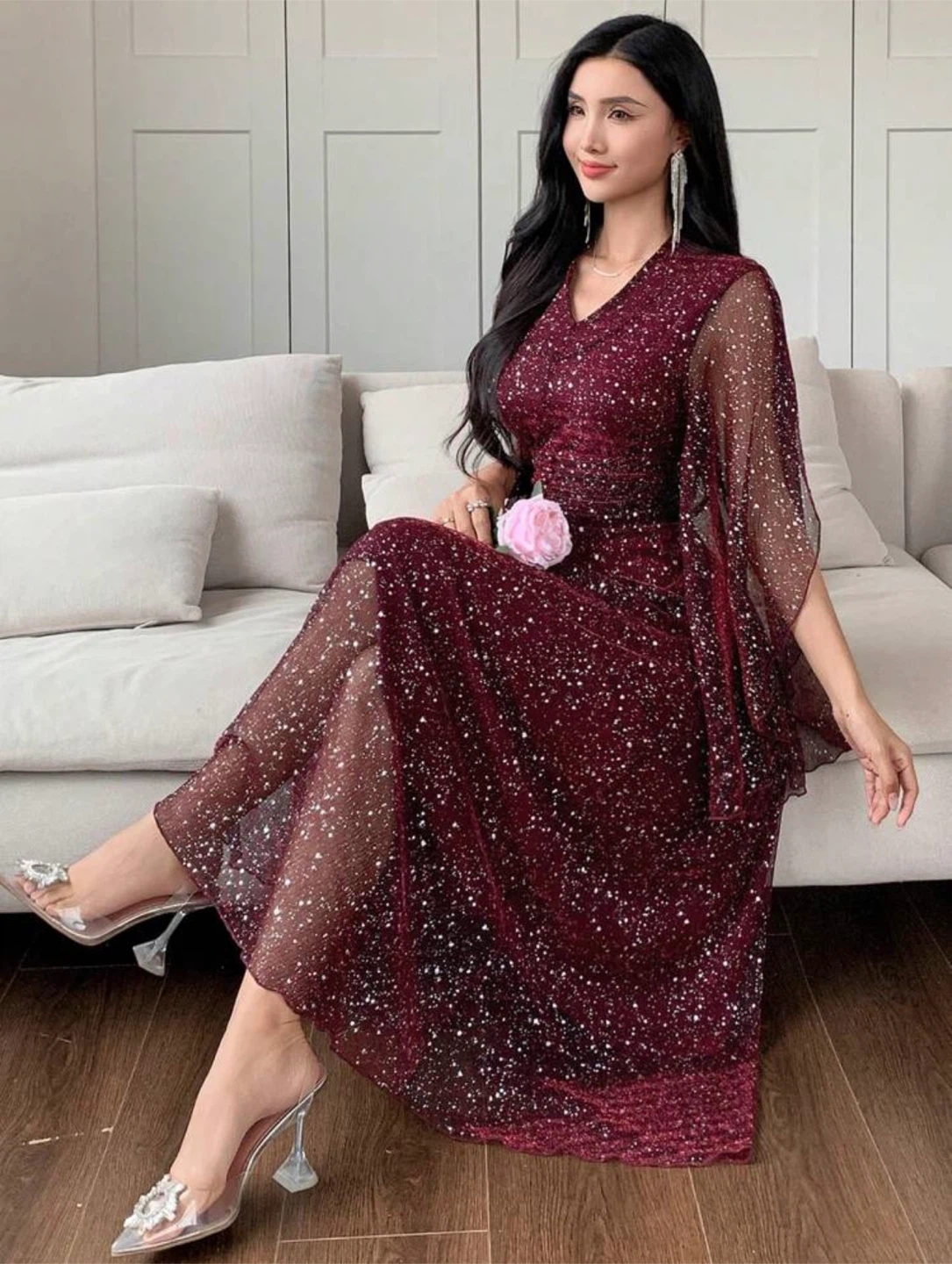 Shein Dazy Burgundy Glitter Midi Dress - photo 5
