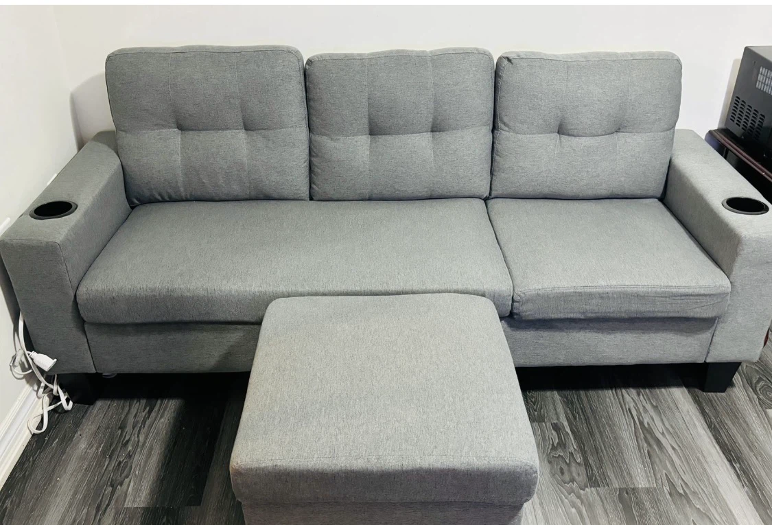 Grey Sofa with Cup Holders and Ottoman
