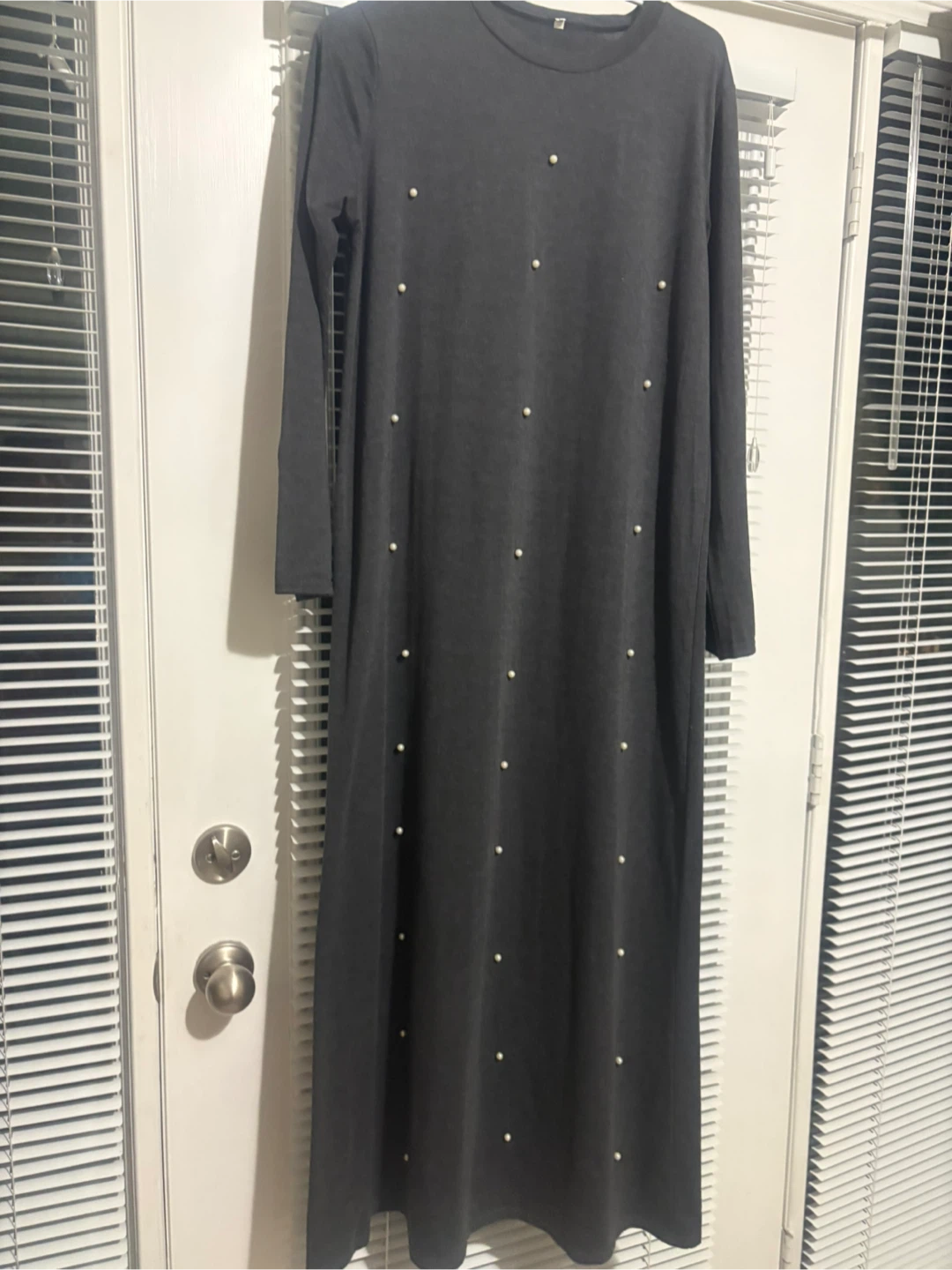 Charcoal Grey Long Sleeve Dress with Pearl Accents