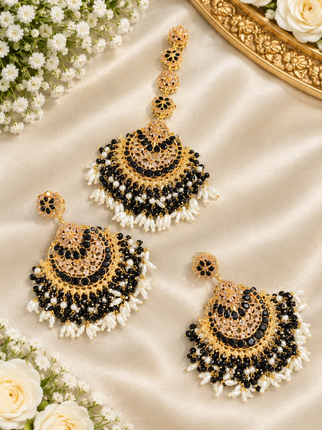 Gold-Tone Black and White Bead Maang Tikka and Earring Set