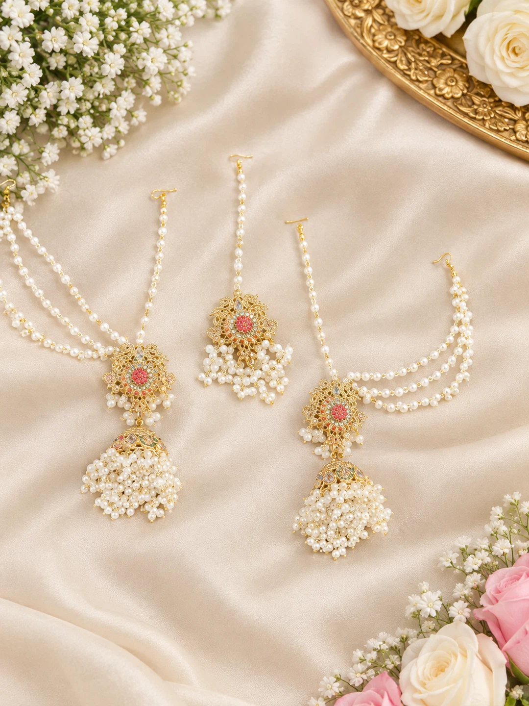 Gold-Tone Pearl Maang Tikka and Jhumar Set