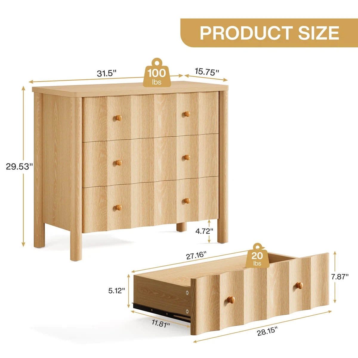3-Drawer Modern Light Oak Finish Dresser - photo 4
