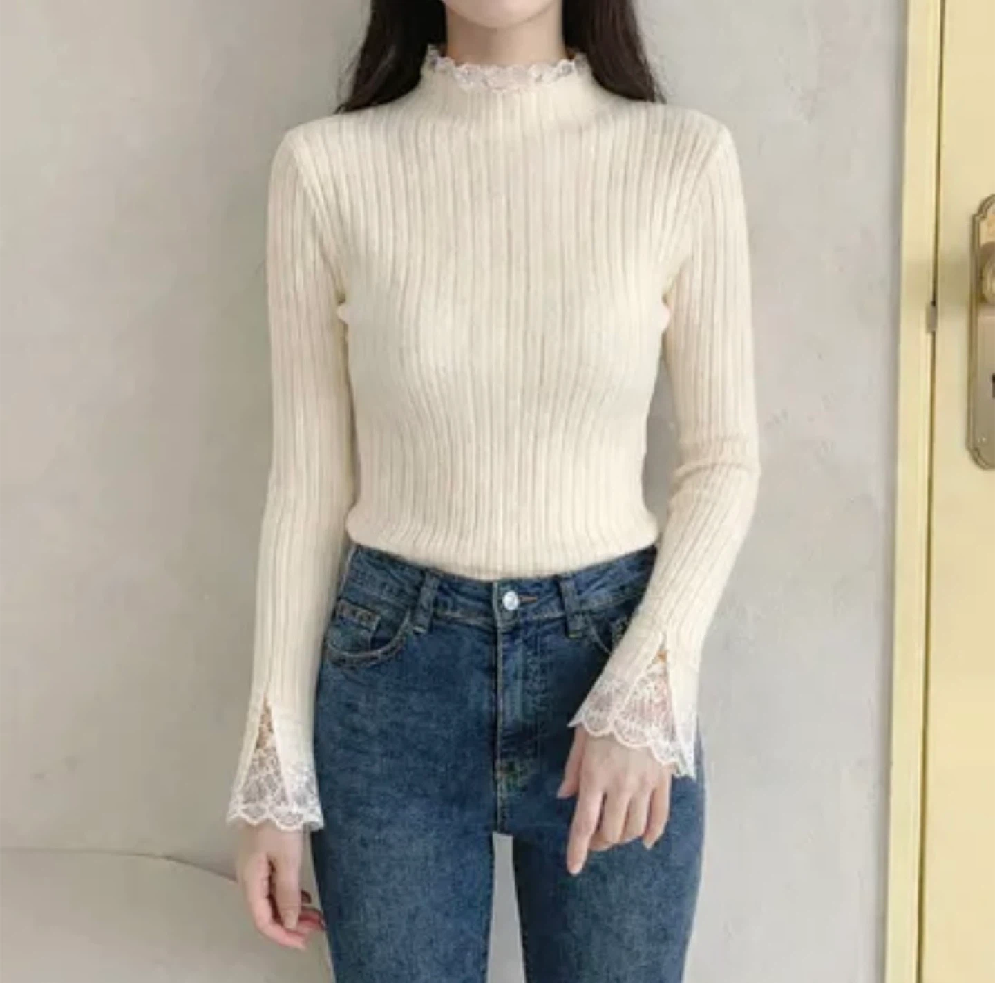 Cream Ribbed Knit Mock Neck Top