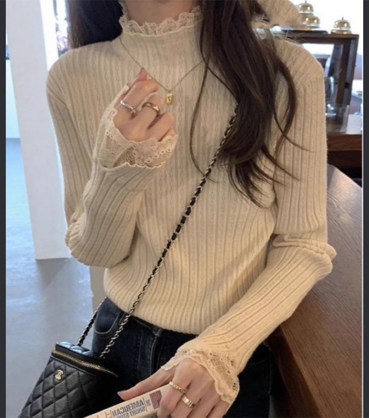 Cream Ribbed Knit Mock Neck Top - photo 2