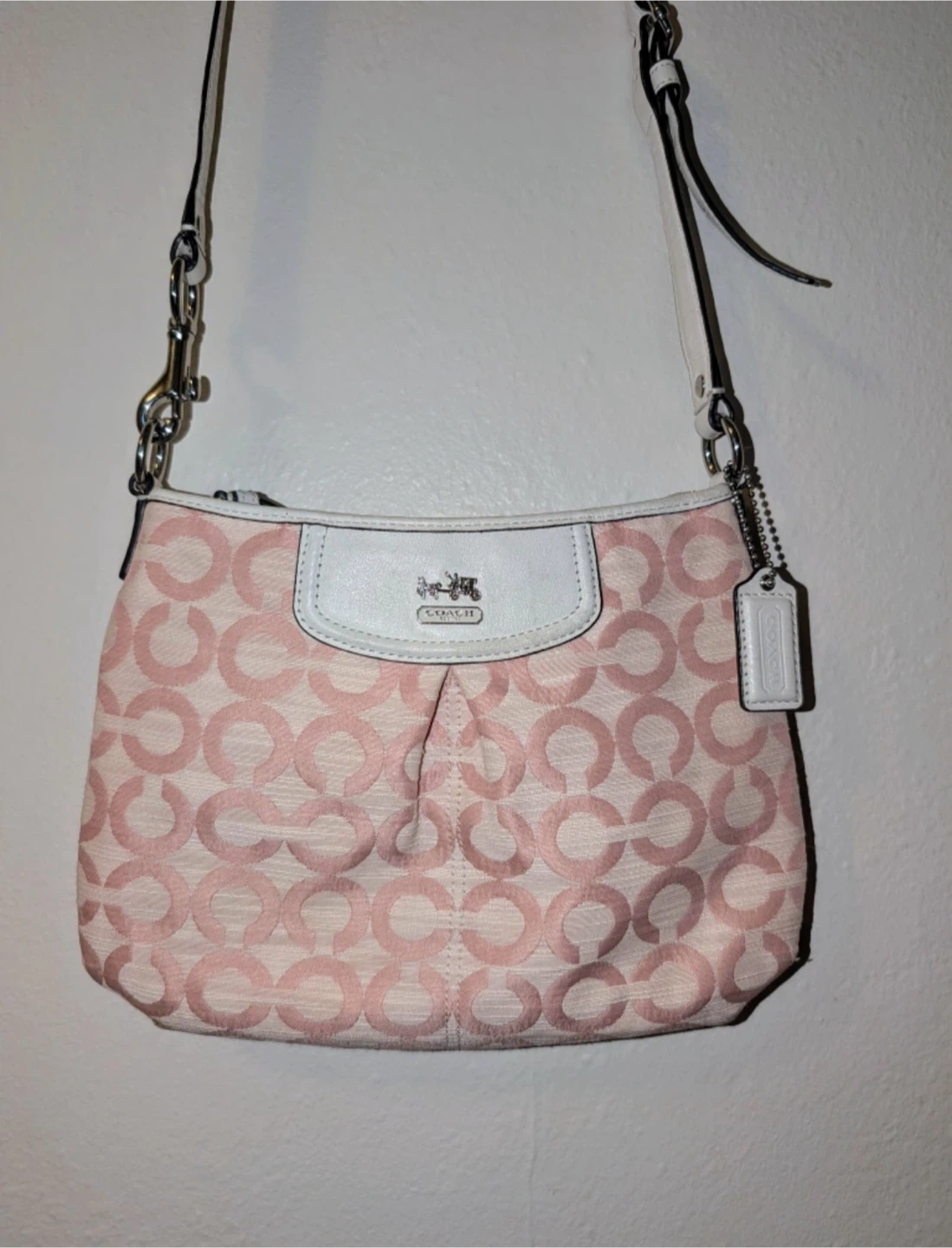 Coach Pink and White Signature Crossbody Bag