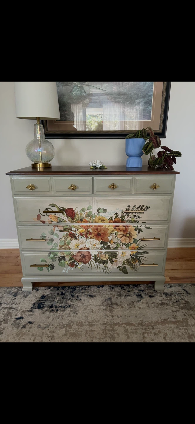 Refinished Antique Midcentury Modern Floral Dresser