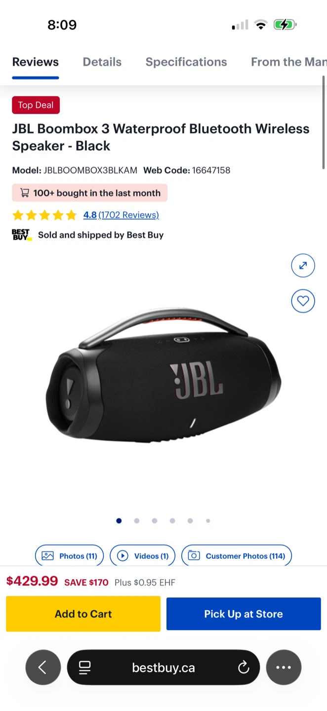 JBL Boombox 3 Waterproof Bluetooth Speaker - Black