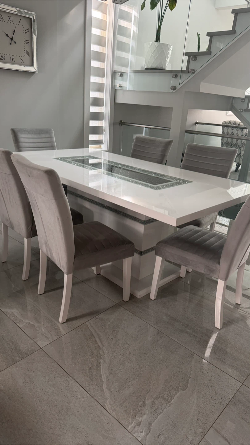 White Dining Table with 6 Grey Velvet Chairs