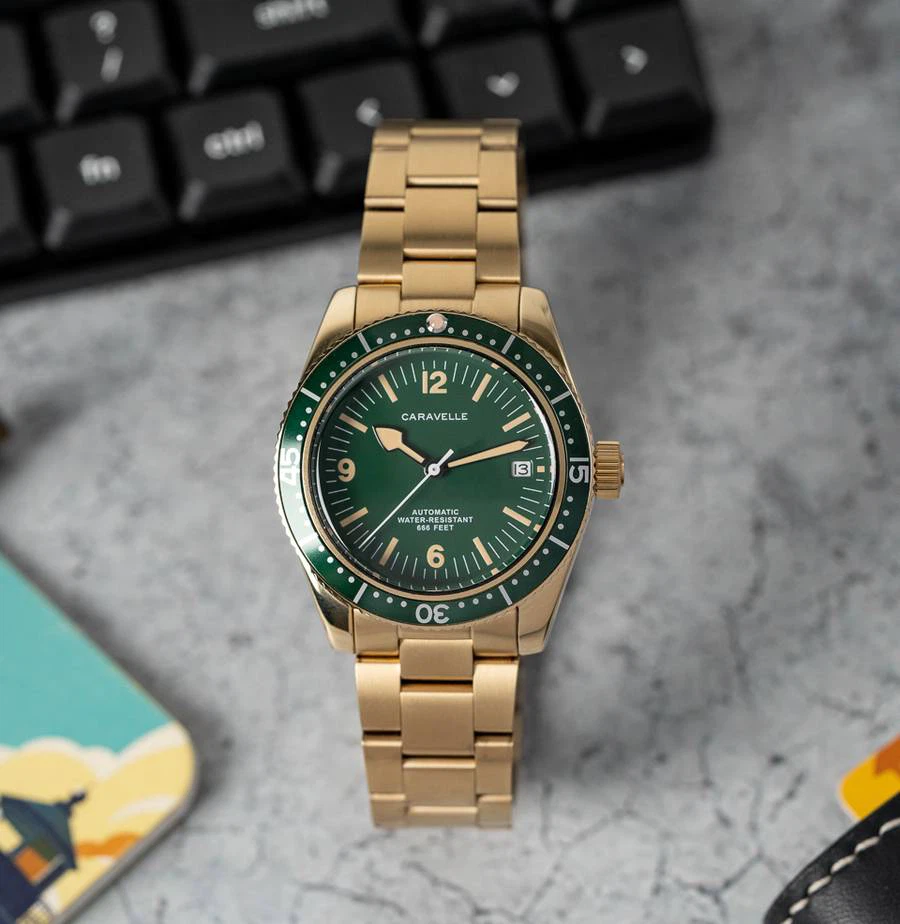 Caravelle Sea Hunter Gold-Tone Green Watch