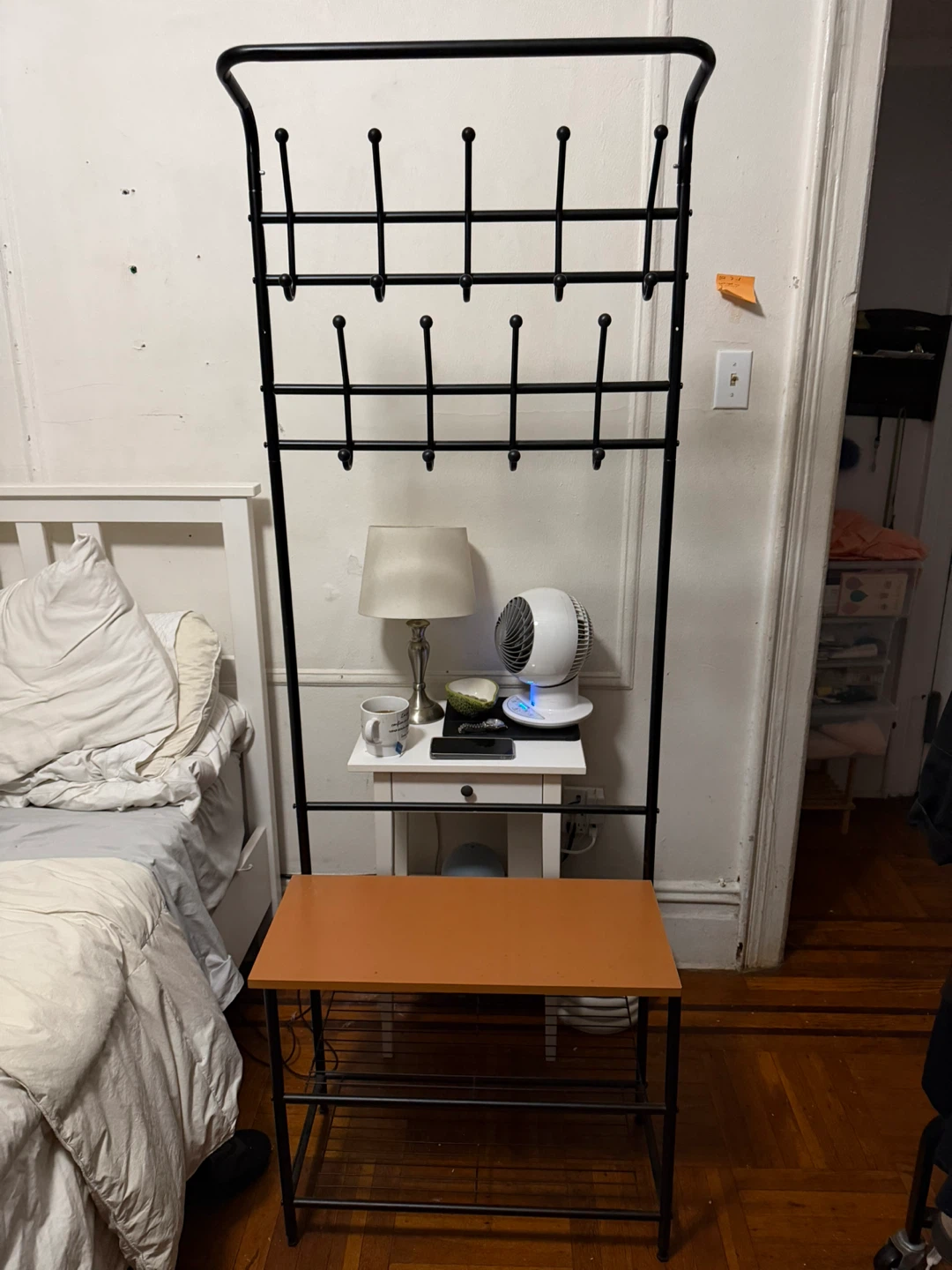 Black Metal Coat Rack and Shoe Bench