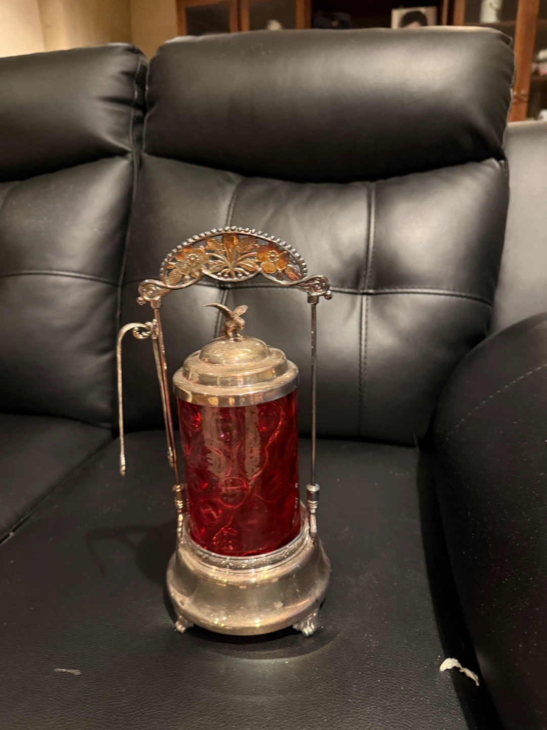 Vintage Silver-Plated and Red Glass Condiment Server