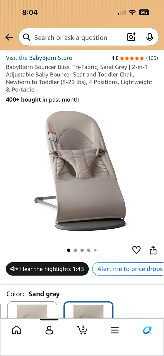 BabyBjorn Bouncer – Sand Grey (Woven/Jersey - photo 3
