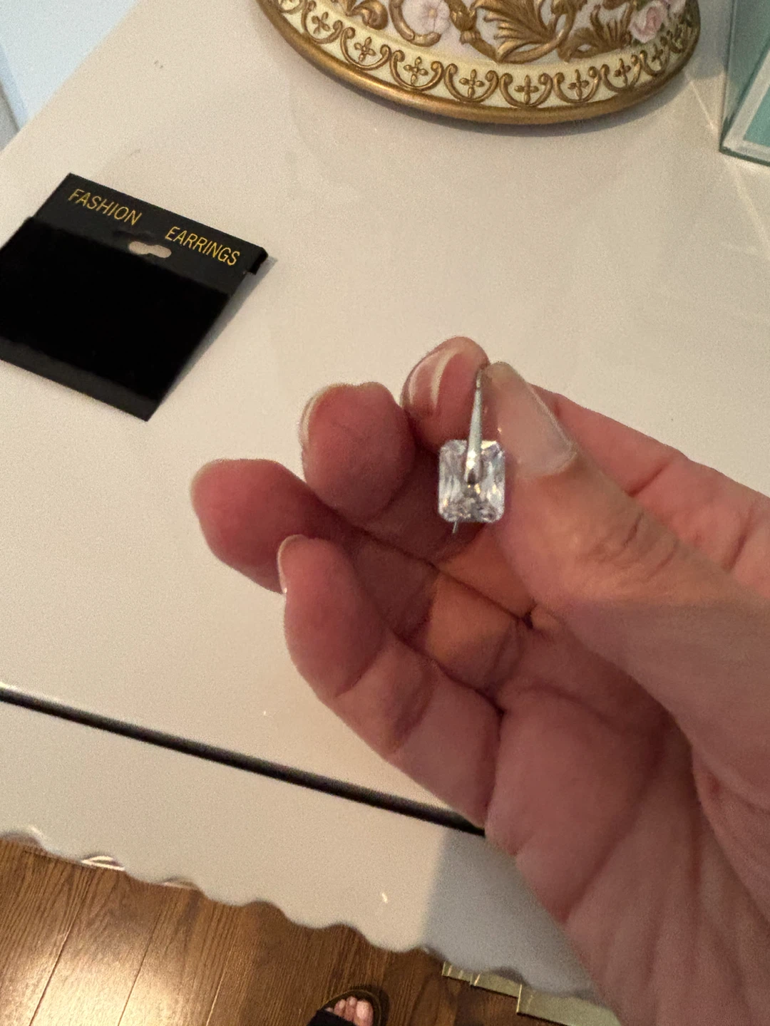 Silver-toned hook earrings with rectangular crystals - photo 4
