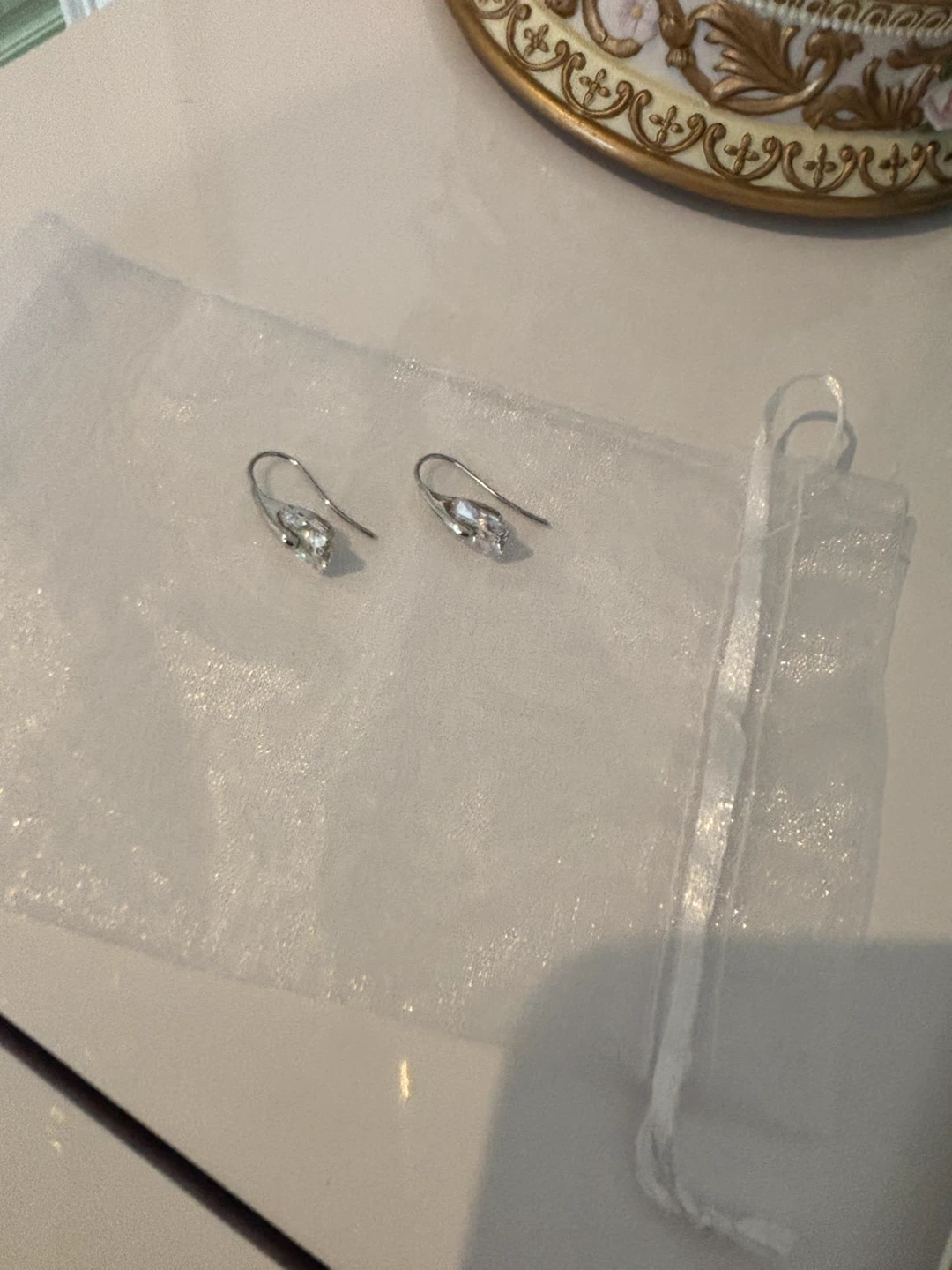Silver-toned hook earrings with rectangular crystals - photo 5