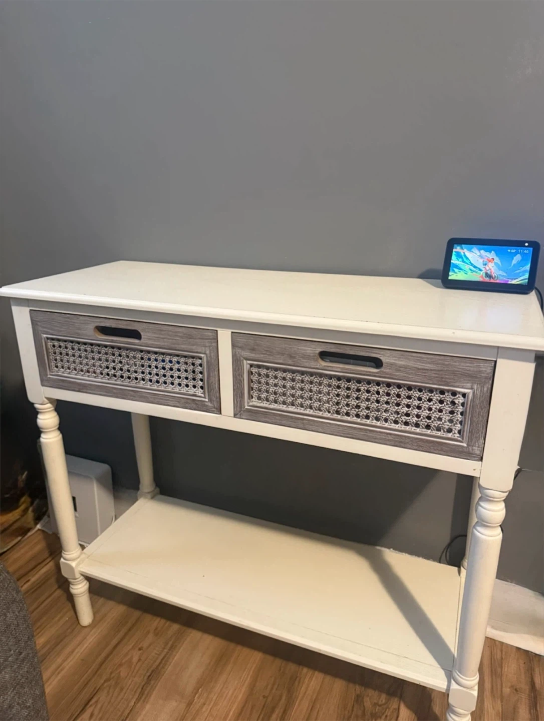 White Console Table with Two Cane Drawers