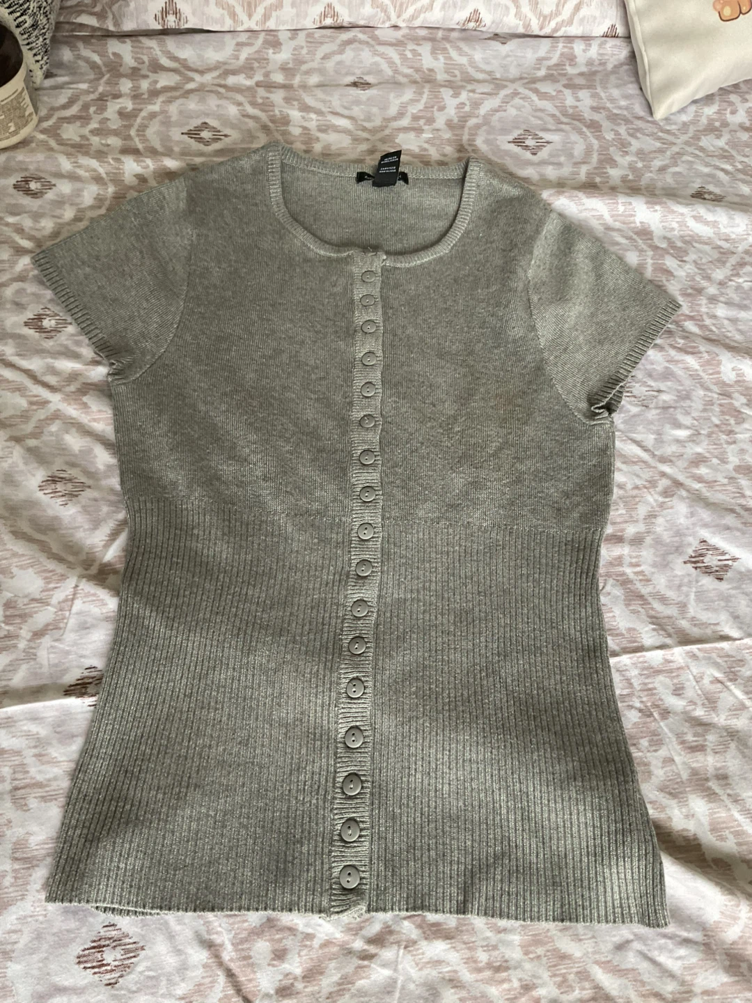 Anne Klein Grey Button-Down Knit Top
