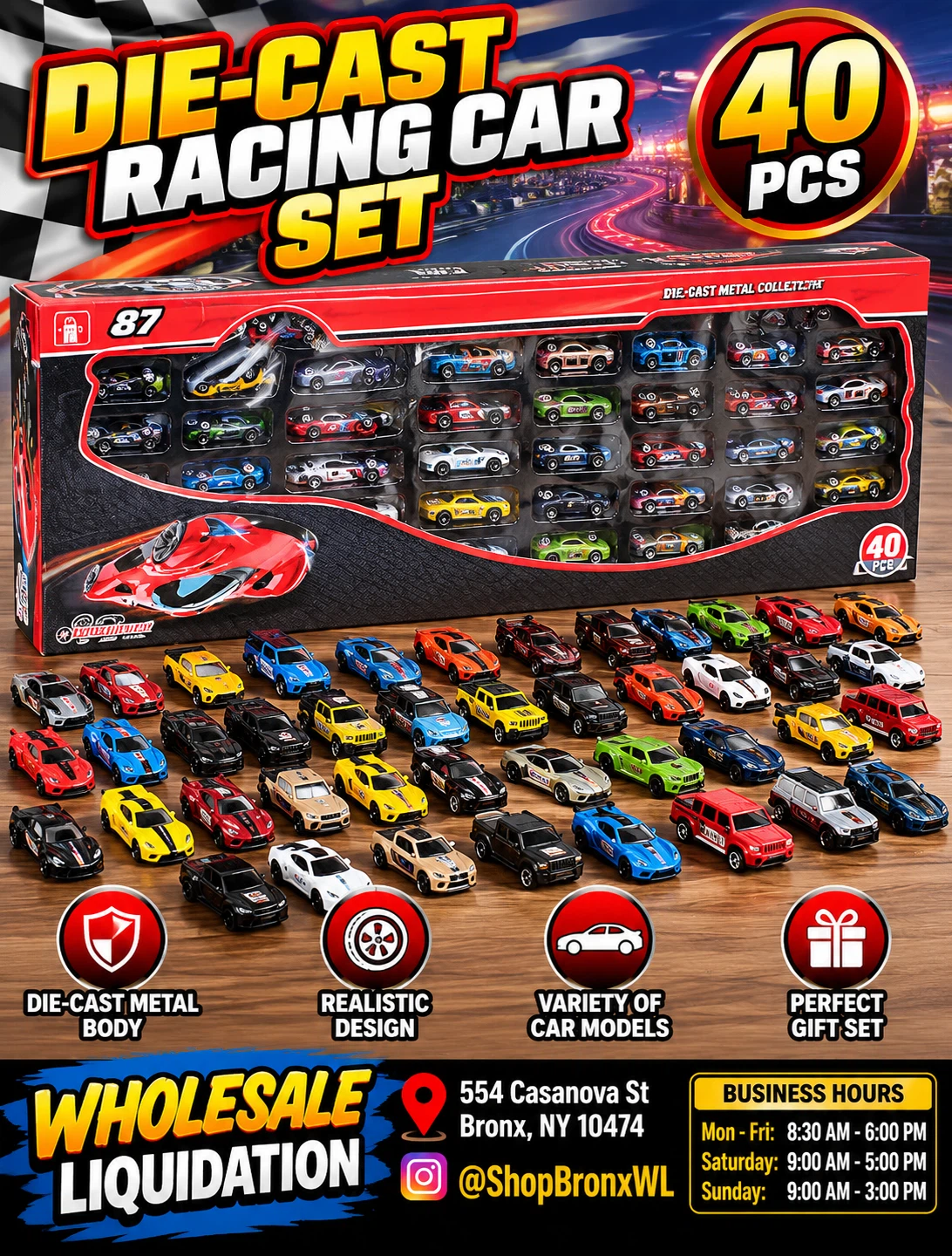 40 Piece Die-Cast Racing Car Set
